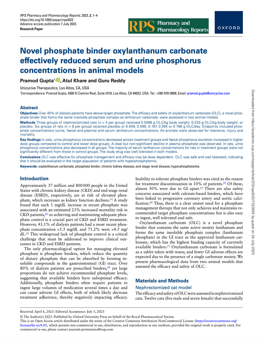 Novel phosphate binder oxylanthanum carbonate effectively reduced serum and urine phosphorus concentrations in animal models